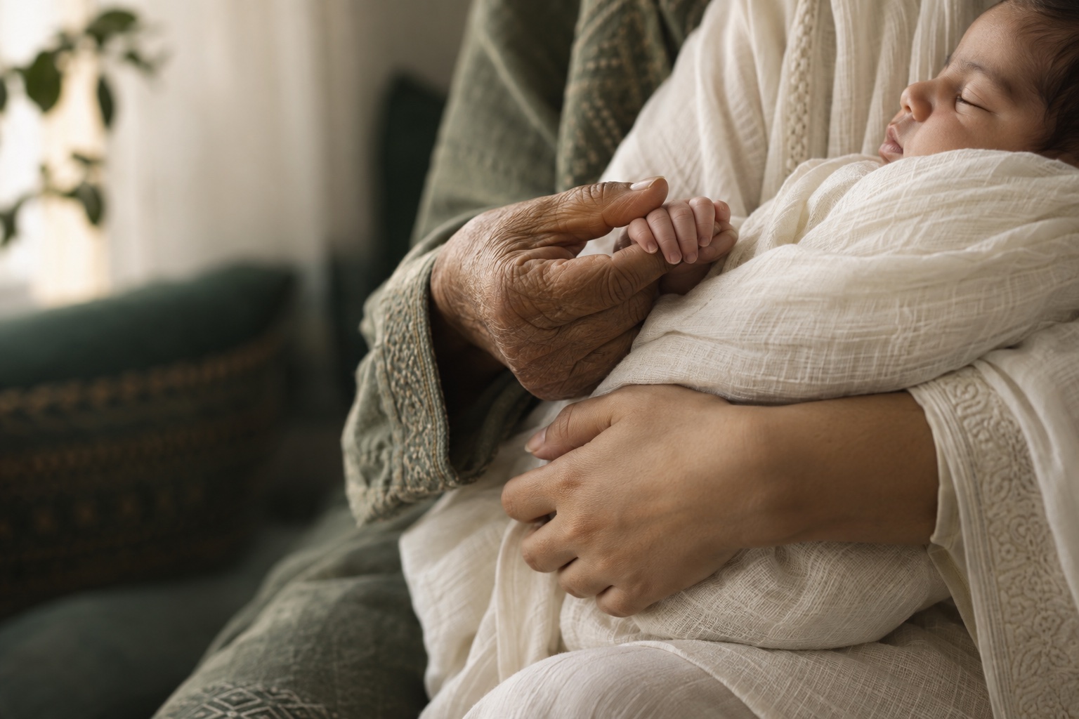 Three generations connected through a newborn’s hand