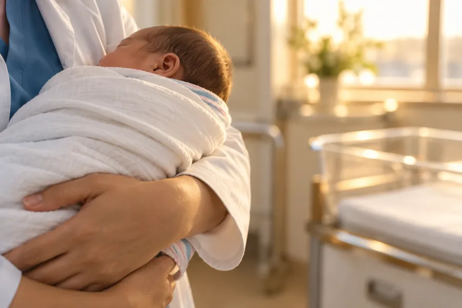 A sleeping newborn swaddled in white, held in a clinician's arms