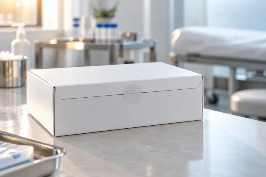 A sealed white collection kit box on a clinic counter