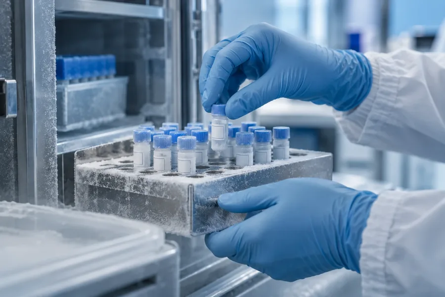 Gloved hands lifting a frosted rack of labelled vials from a freezer