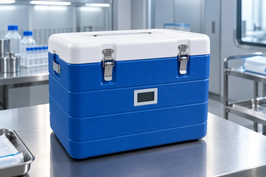 An insulated medical transport case with a temperature display
