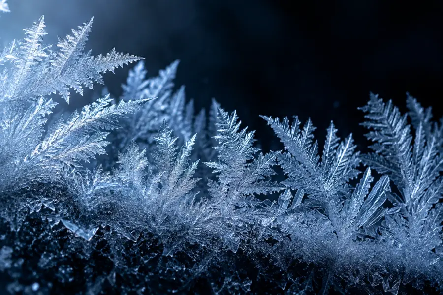 Delicate frost crystals spreading across a dark blue surface