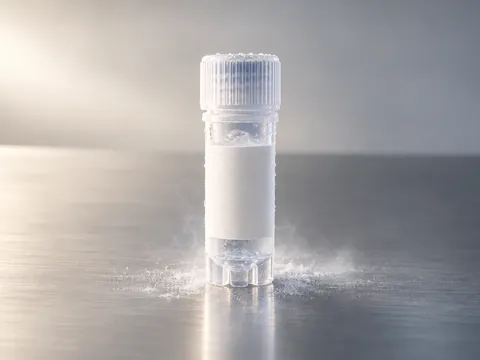 A sealed sample vial on a clean steel surface