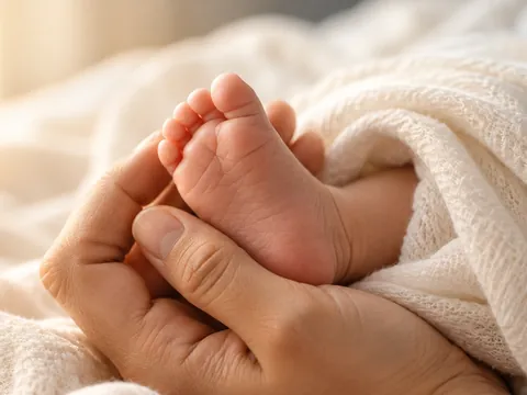 A parent's hands gently holding a newborn's foot